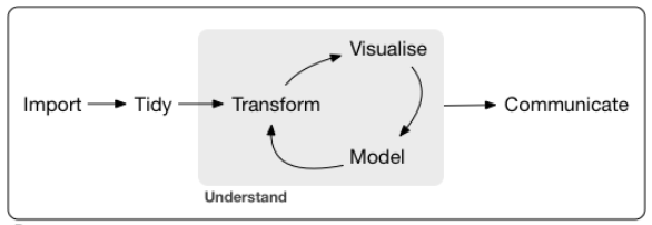 \label{fig:data-analysis-process} The process of doing data analysis (from Wickham and Grolemund, 2016)