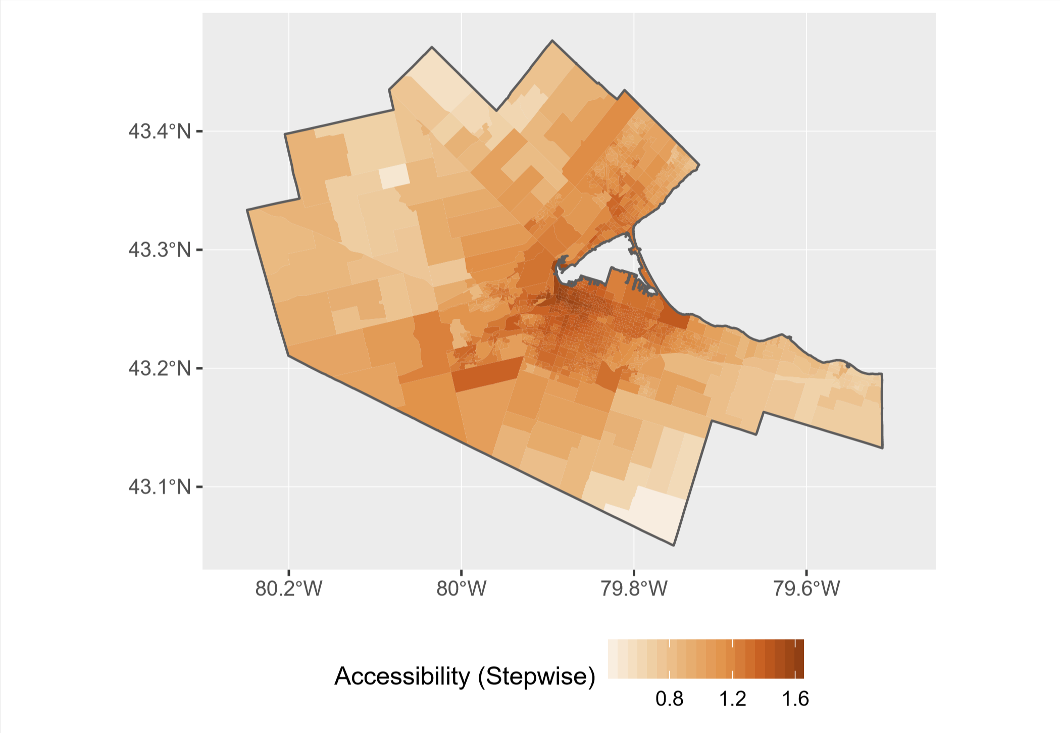 \label{fig:visualization-example-2} Example of visualization: accessibility to family doctors in Hamilton (from [Paez, Higgins, and Vivona (2018)](https://doi.org/10.1371/journal.pone.0218773))