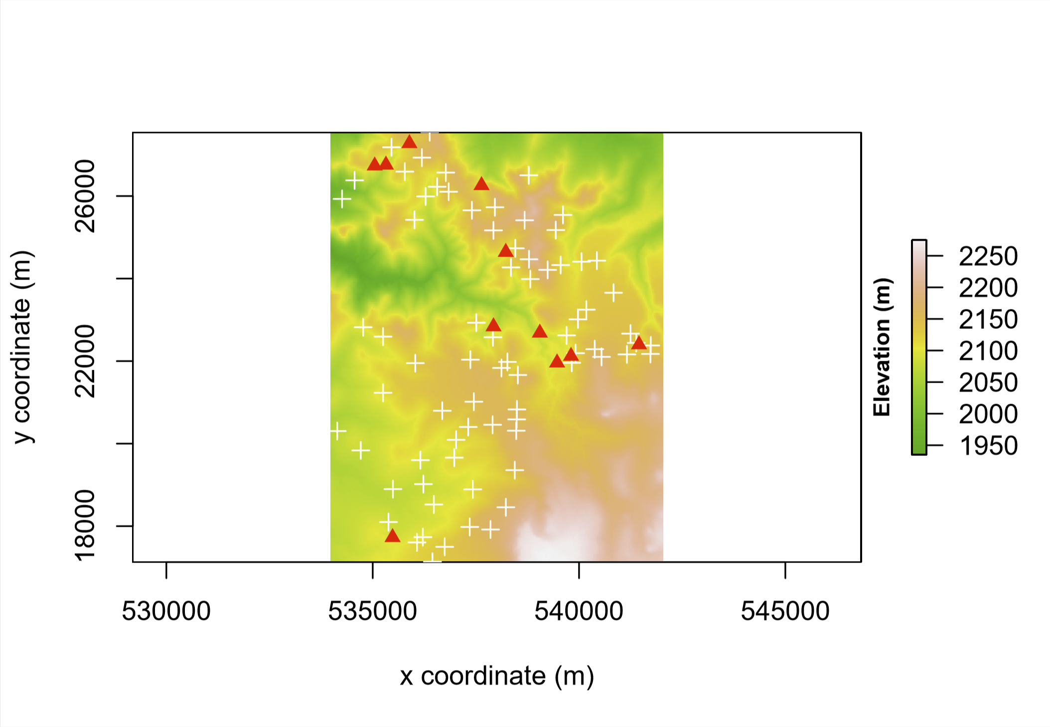 \label{fig:visualization-example-3} Example of visualization: water sources (triangles) and households (circles) in a region in central Kenya (from [Paez et al. (2020)](https://doi.org/10.1016/j.jtrangeo.2019.102564))
